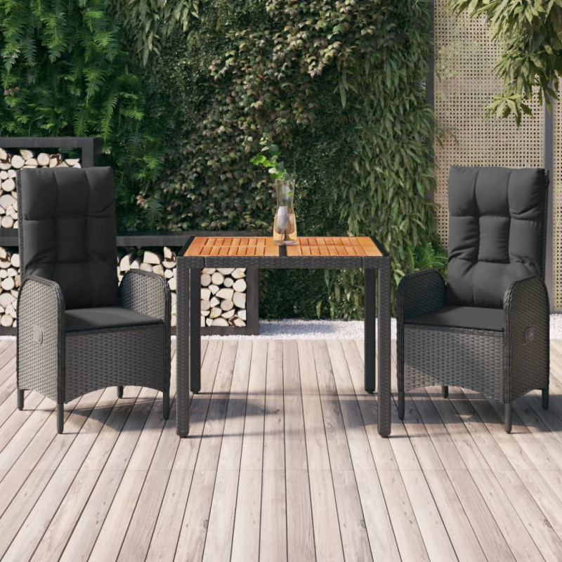 3-tlg. Garten-Essgruppe mit Kissen Schwarz Poly Rattan