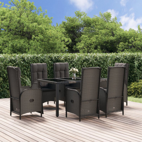 7-tlg. Garten-Essgruppe mit Kissen Schwarz Poly Rattan