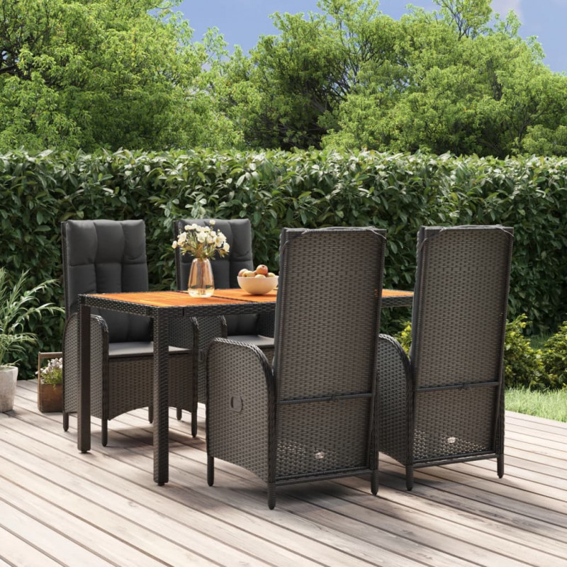 5-tlg. Garten-Essgruppe mit Kissen Schwarz Poly Rattan