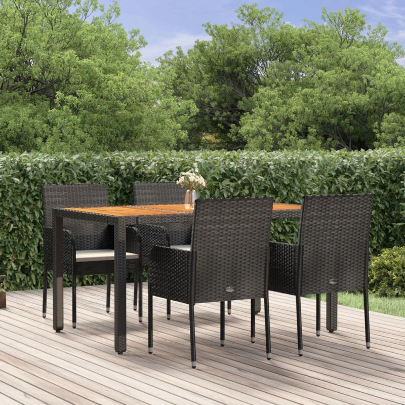 5-tlg. Garten-Essgruppe mit Kissen Schwarz Poly Rattan