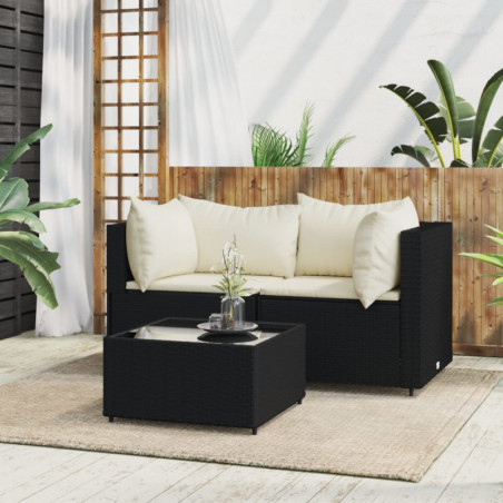 3-tlg. Garten-Lounge-Set mit Kissen Schwarz Poly Rattan