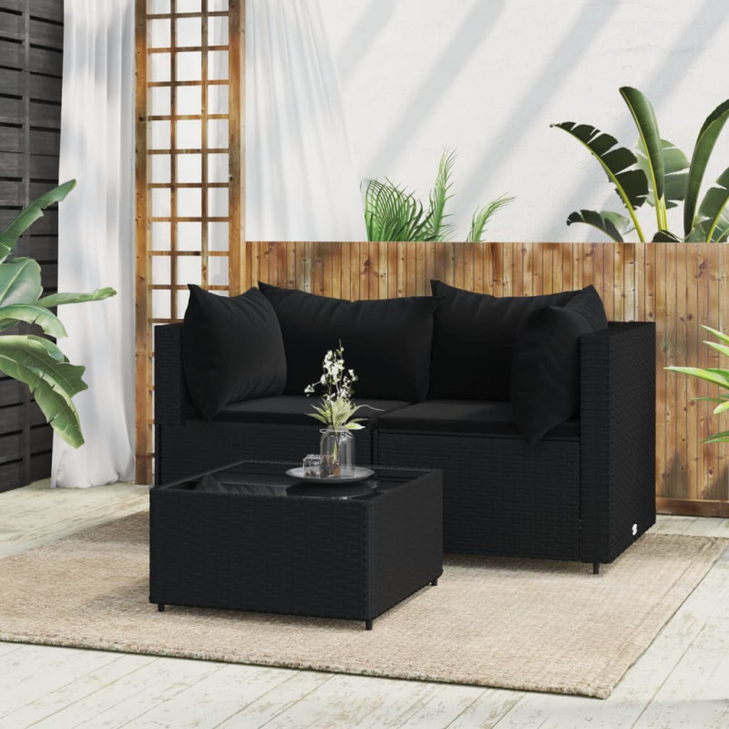 3-tlg. Garten-Lounge-Set mit Kissen Schwarz Poly Rattan