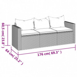 Gartensofa 3-Sitzer mit Kissen Grau Poly Rattan