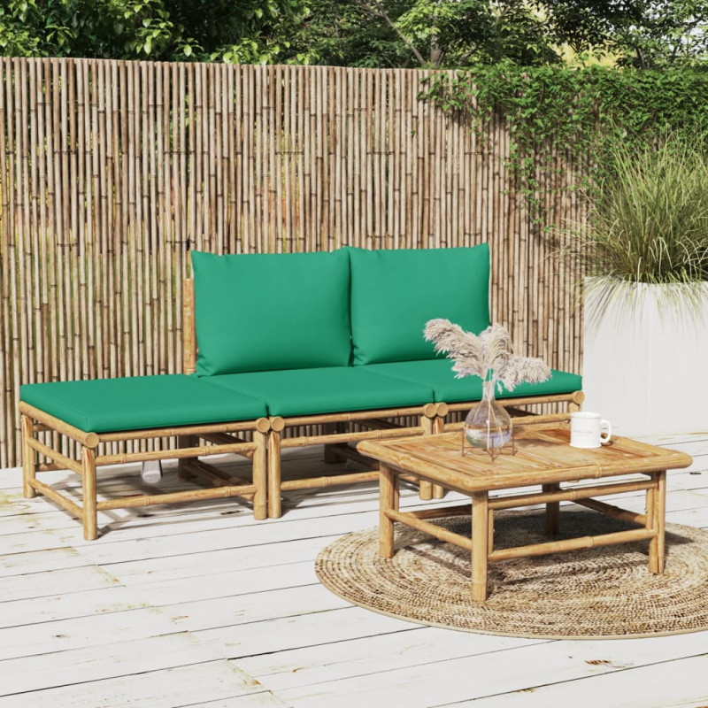 4-tlg. Garten-Lounge-Set mit Grünen Kissen Bambus