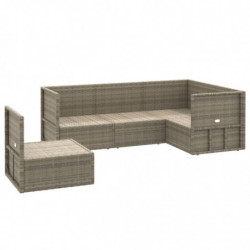 5-tlg. Garten-Lounge-Set mit Kissen Grau Poly Rattan