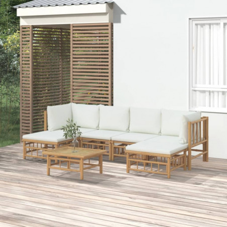 7-tlg. Garten-Lounge-Set mit Cremeweißen Kissen Bambus