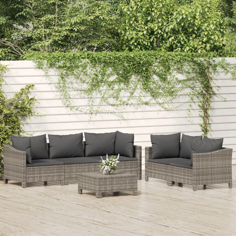 6-tlg. Garten-Lounge-Set mit Kissen Grau Poly Rattan