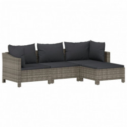 4-tlg. Garten-Lounge-Set mit Kissen Grau Poly Rattan