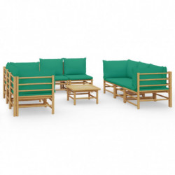 9-tlg. Garten-Lounge-Set mit Grünen Kissen Bambus