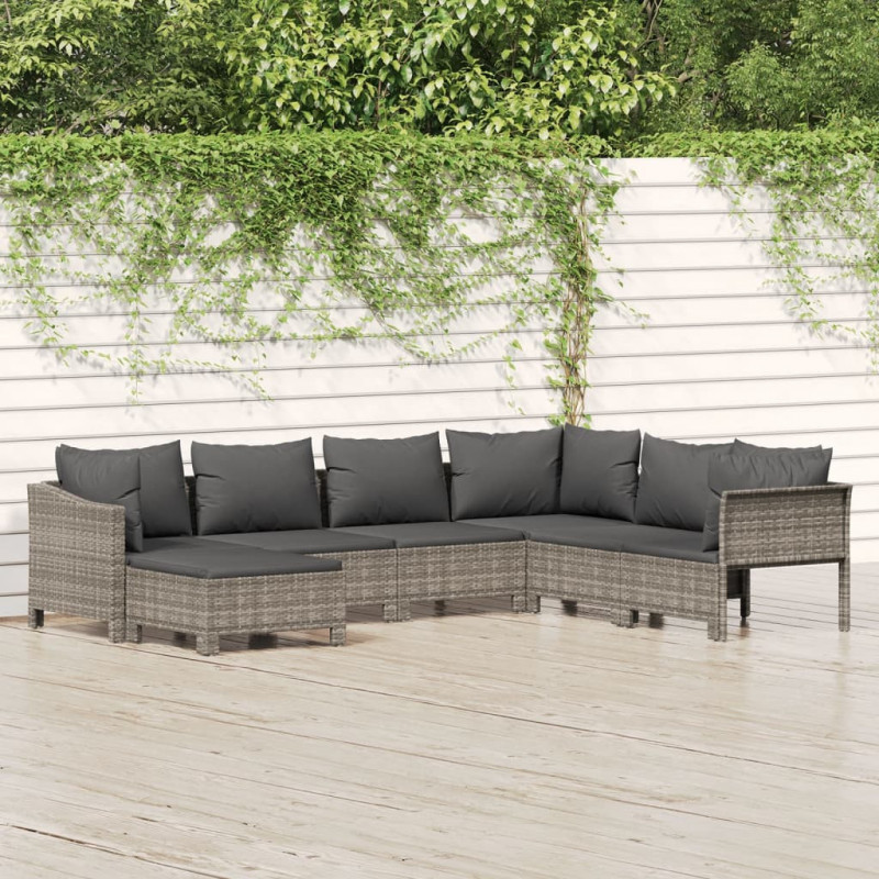 7-tlg. Garten-Lounge-Set mit Kissen Grau Poly Rattan