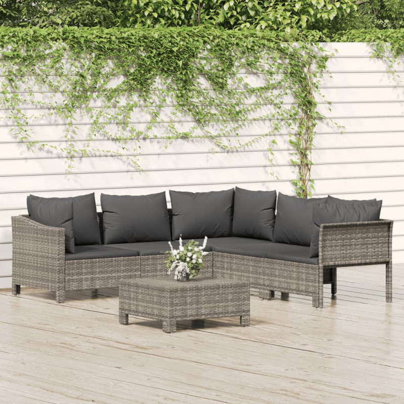 6-tlg. Garten-Lounge-Set mit Kissen Grau Poly Rattan