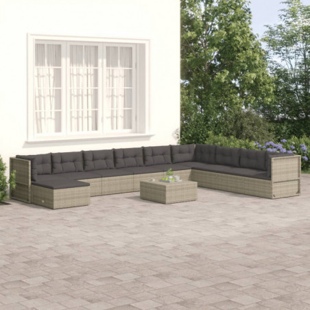 10-tlg. Garten-Lounge-Set mit Kissen Grau Poly Rattan