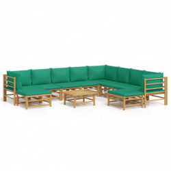 11-tlg. Garten-Lounge-Set mit Grünen Kissen Bambus