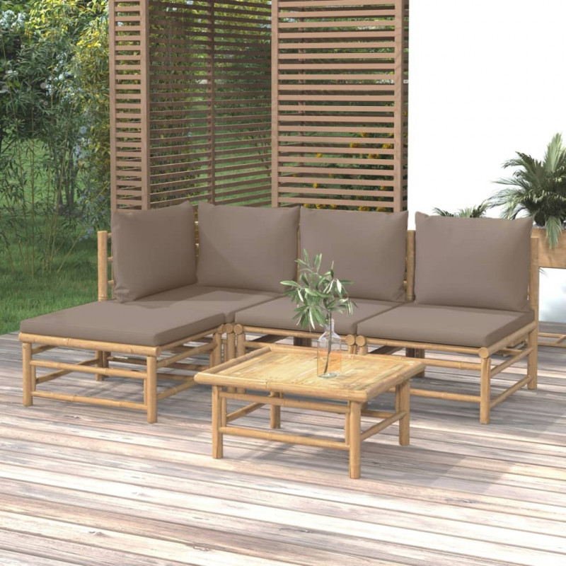 5-tlg. Garten-Lounge-Set mit Kissen Taupe Bambus