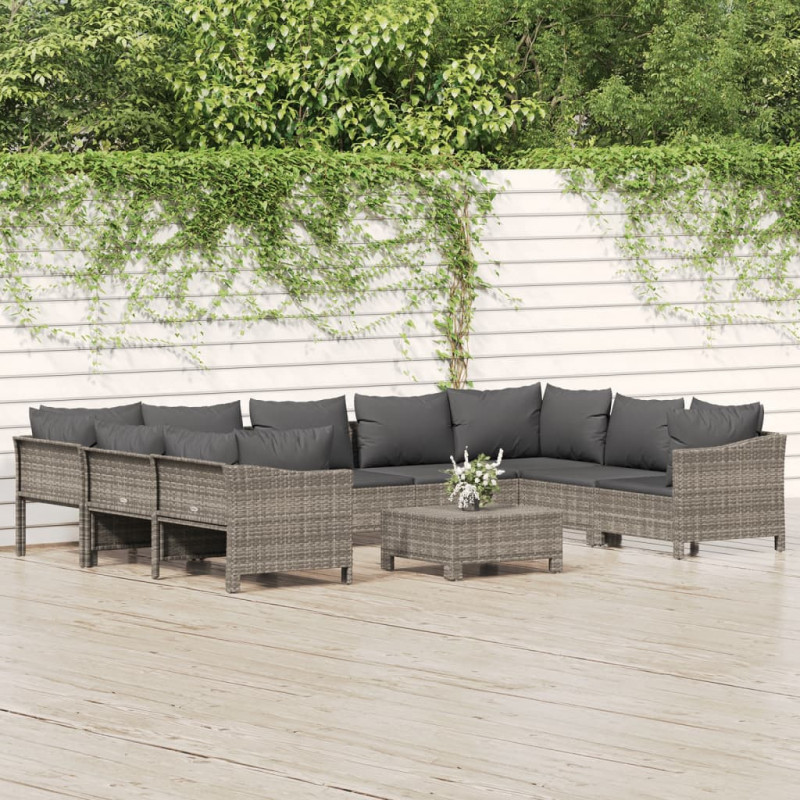 10-tlg. Garten-Lounge-Set mit Kissen Grau Poly Rattan