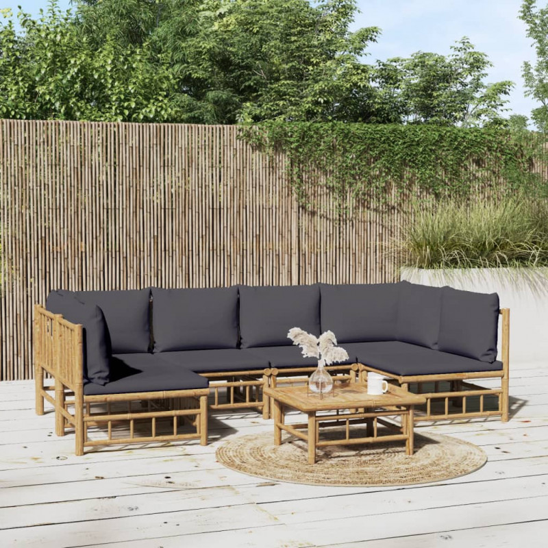 7-tlg. Garten-Lounge-Set mit Dunkelgrauen Kissen Bambus