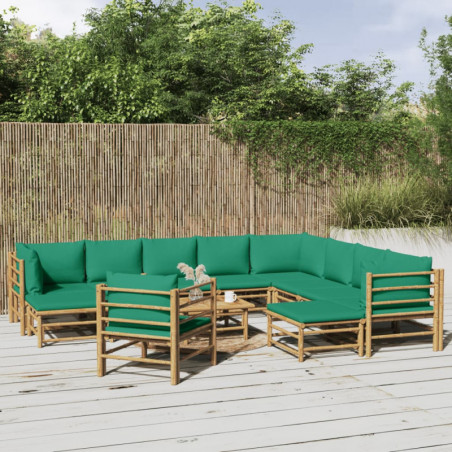 12-tlg. Garten-Lounge-Set mit Grünen Kissen Bambus