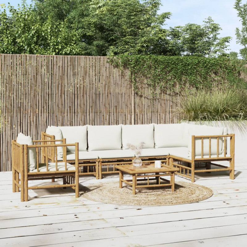 7-tlg. Garten-Lounge-Set mit Cremeweißen Kissen Bambus