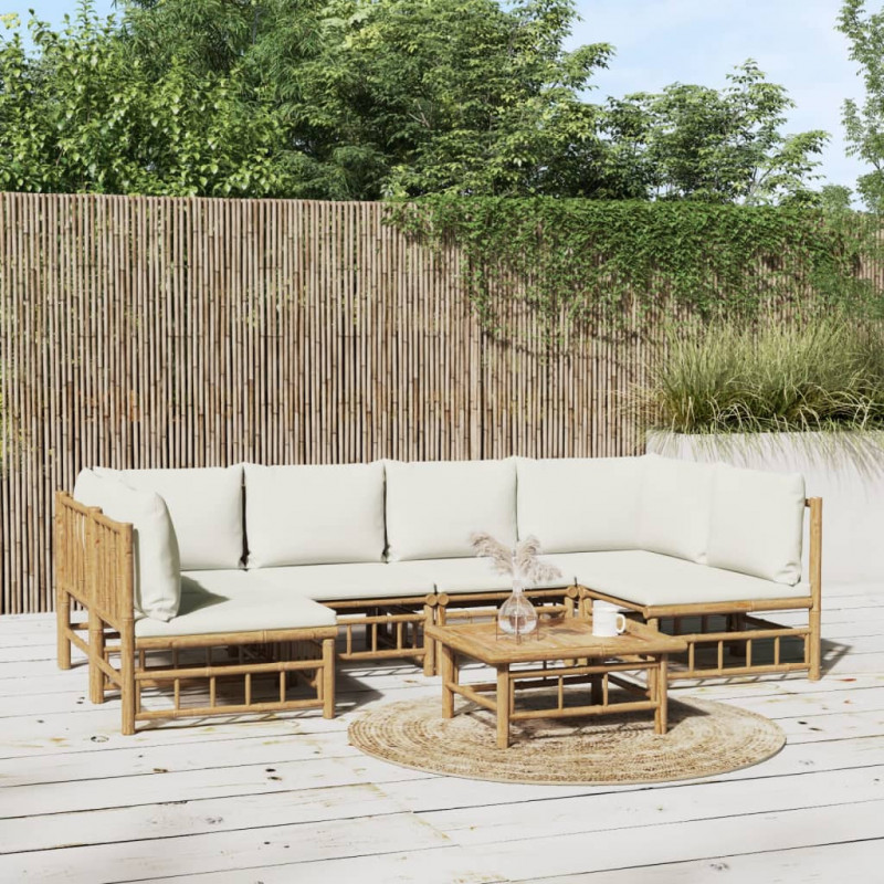 7-tlg. Garten-Lounge-Set mit Cremeweißen Kissen Bambus