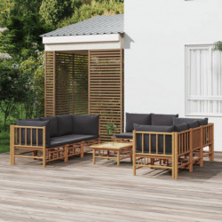 9-tlg. Garten-Lounge-Set mit Dunkelgrauen Kissen Bambus