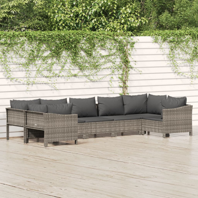 7-tlg. Garten-Lounge-Set mit Kissen Grau Poly Rattan