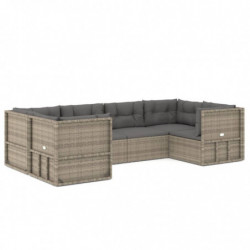 6-tlg. Garten-Lounge-Set mit Kissen Grau Poly Rattan