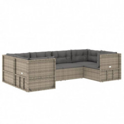 6-tlg. Garten-Lounge-Set mit Kissen Grau Poly Rattan