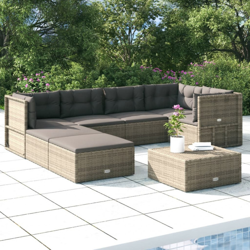 7-tlg. Garten-Lounge-Set mit Kissen Grau Poly Rattan