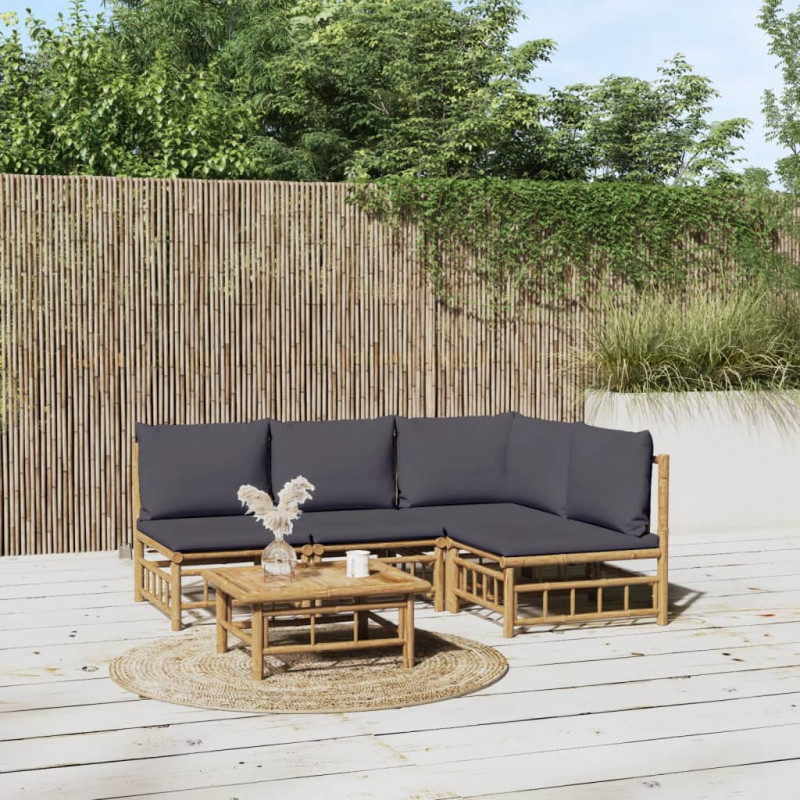 5-tlg. Garten-Lounge-Set mit Dunkelgrauen Kissen Bambus