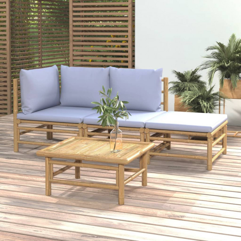 4-tlg. Garten-Lounge-Set mit Hellgrauen Kissen Bambus