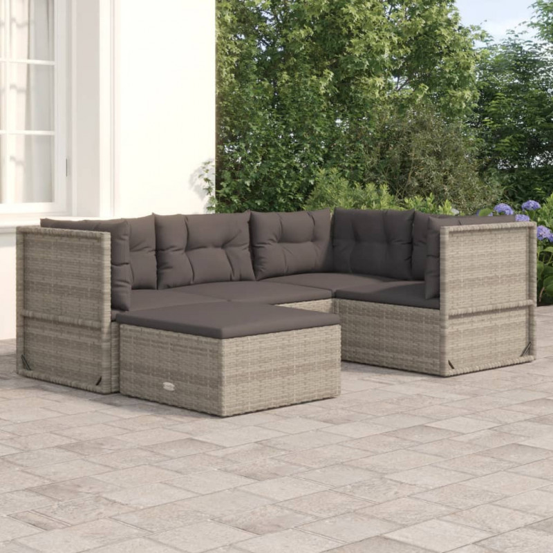 5-tlg. Garten-Lounge-Set mit Kissen Grau Poly Rattan