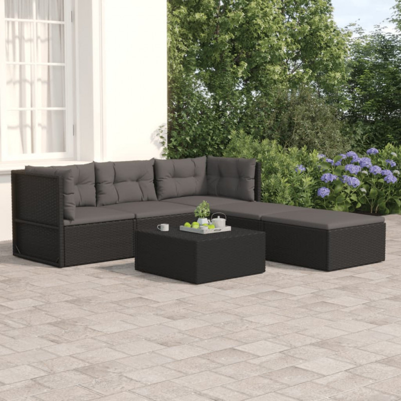 5-tlg. Garten-Lounge-Set mit Kissen Schwarz Poly Rattan