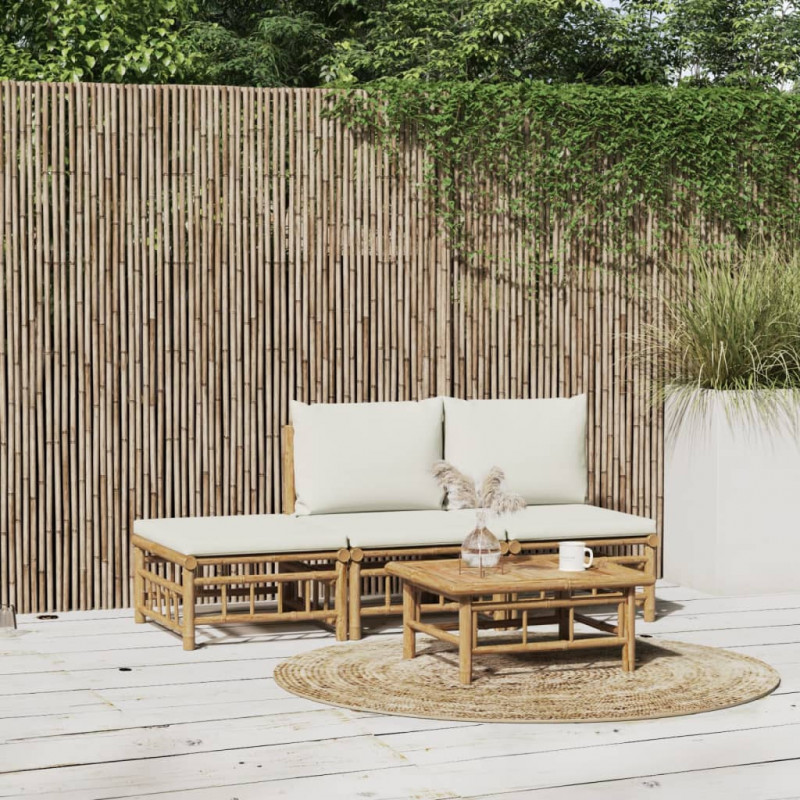 4-tlg. Garten-Lounge-Set mit Cremeweißen Kissen Bambus