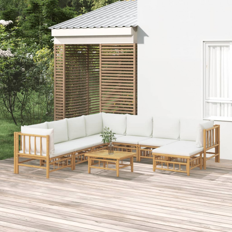 9-tlg. Garten-Lounge-Set mit Cremeweißen Kissen Bambus