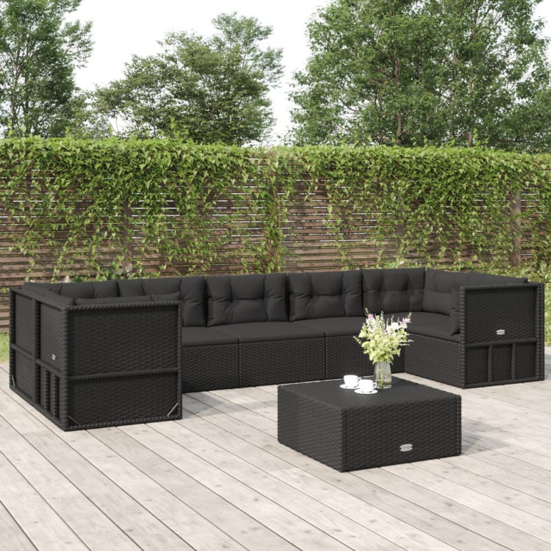 7-tlg. Garten-Lounge-Set mit Kissen Schwarz Poly Rattan