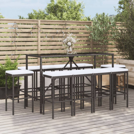 11-tlg. Gartenbar-Set mit Kissen Schwarz Poly Rattan