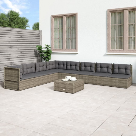 8-tlg. Garten-Lounge-Set mit Kissen Grau Poly Rattan