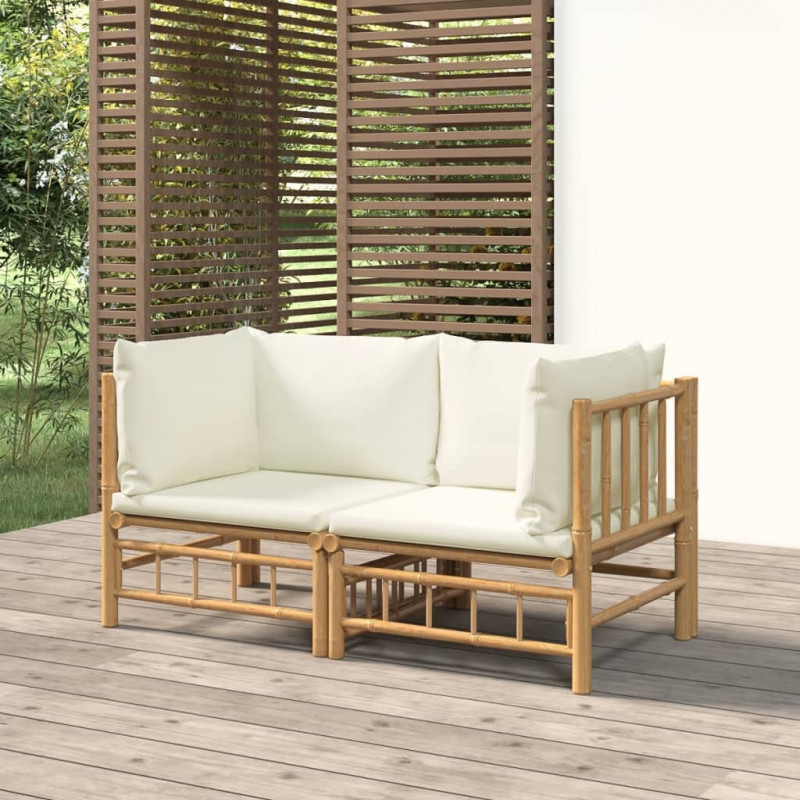 Garten-Ecksofas mit Cremeweißen Kissen 2 Stk. Bambus