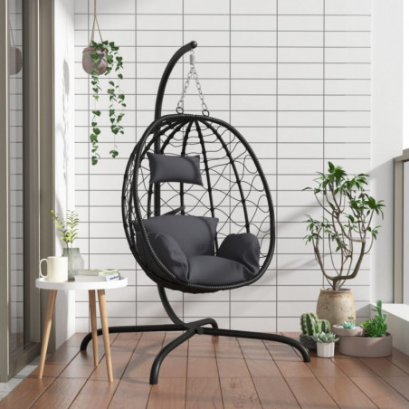 Hängesessel Ei mit Kissen Anthrazit Poly Rattan & Stahl