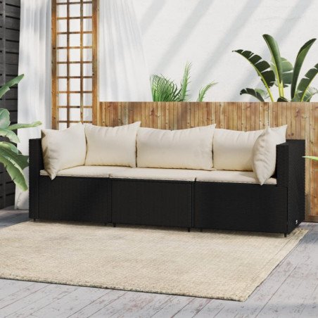 3-tlg. Garten-Lounge-Set mit Kissen Schwarz Poly Rattan