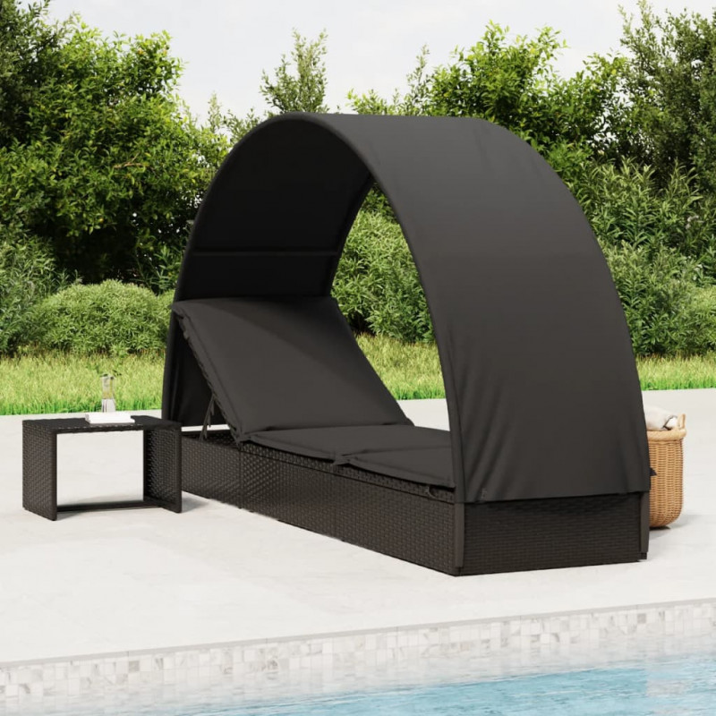 Sonnenliege mit Runddach Schwarz 211x57x140 cm Poly Rattan