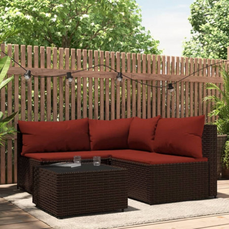 4-tlg. Garten-Lounge-Set mit Kissen Braun Poly Rattan