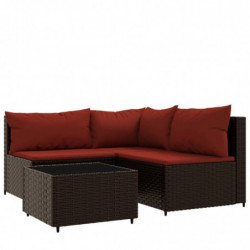 4-tlg. Garten-Lounge-Set mit Kissen Braun Poly Rattan