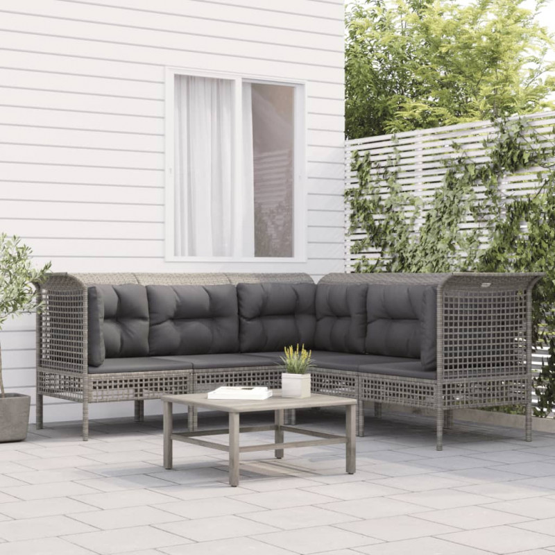 5-tlg. Garten-Lounge-Set mit Kissen Grau Poly Rattan