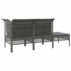 3-tlg. Garten-Lounge-Set mit Kissen Grau Poly Rattan