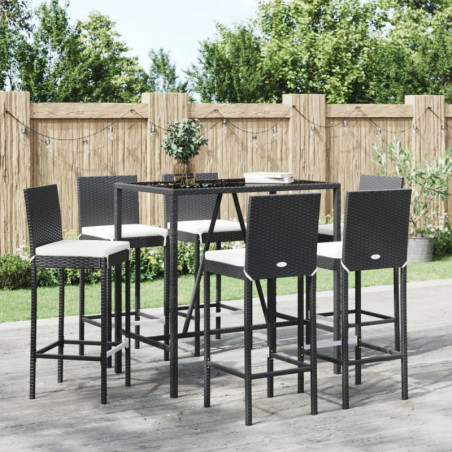 7-tlg. Gartenbar-Set mit Kissen Schwarz Poly Rattan