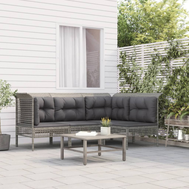 4-tlg. Garten-Lounge-Set mit Kissen Grau Poly Rattan