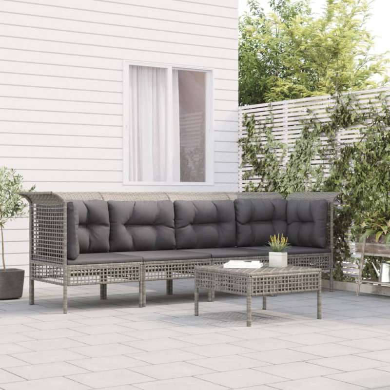 5-tlg. Garten-Lounge-Set mit Kissen Grau Poly Rattan