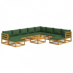 11-tlg. Garten-Lounge-Set mit Grünen Kissen Massivholz