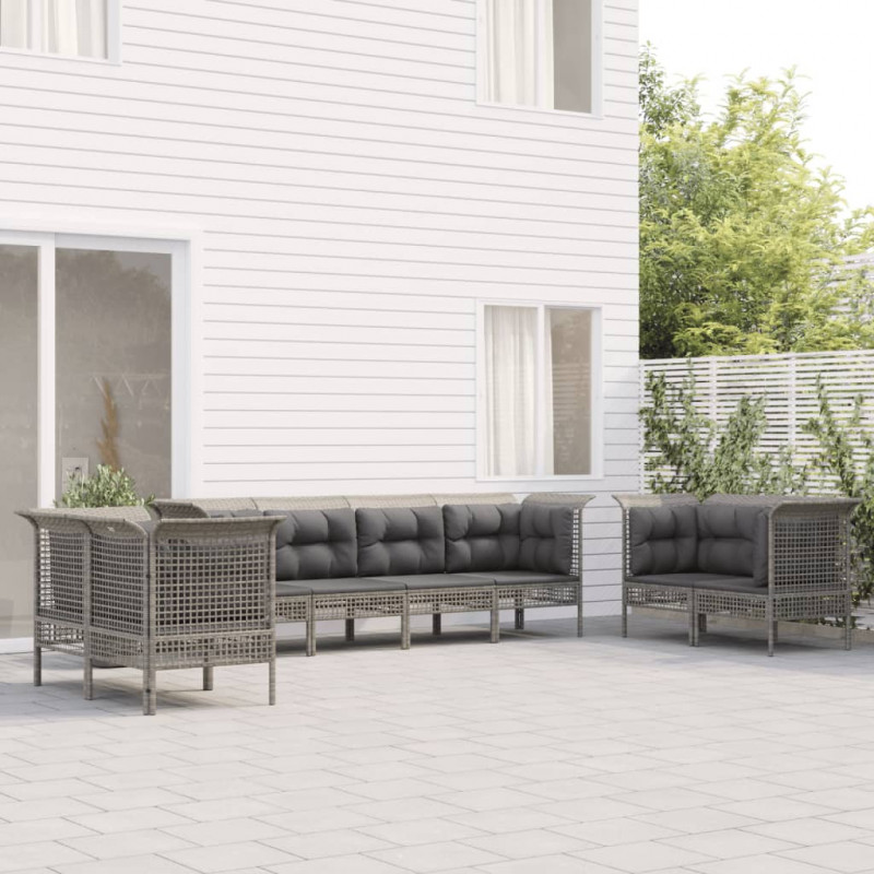 8-tlg. Garten-Lounge-Set mit Kissen Grau Poly Rattan